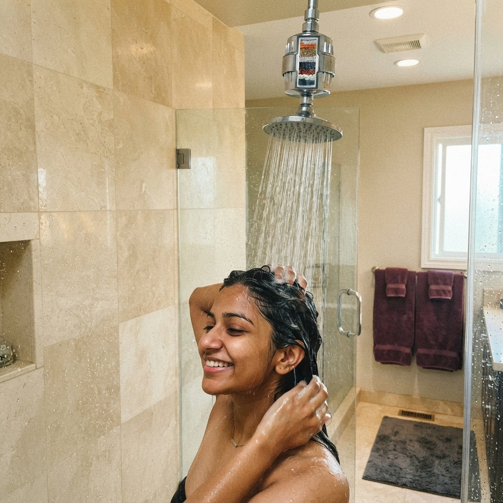 A young Indian woman using a Veylivo 15-stage shower head in a modern bathroom with plum accents.